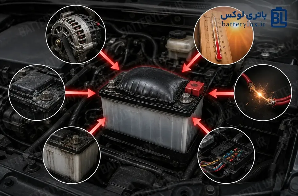 علت باد کردن باتری ماشین